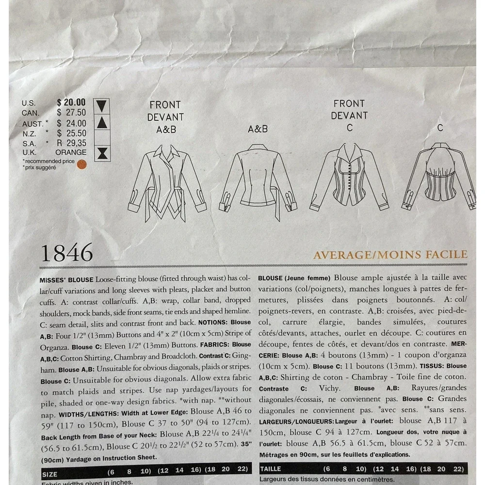 Vogue Attitudes 1846 Pattern Byron Lars 3 Blouse Style Misses Sz 12-16 Uncut '96